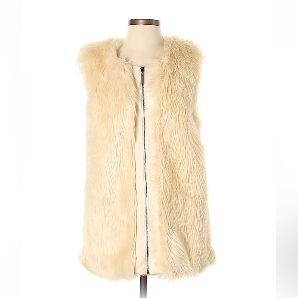 KENSIE Faux Fur Faix Leather White / Ivory Zipper Vest, S